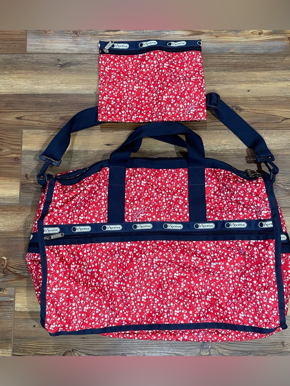 LeSportsac Weekender Bag Sailing Red Floral & Pouch Lightweight Tote Duffle